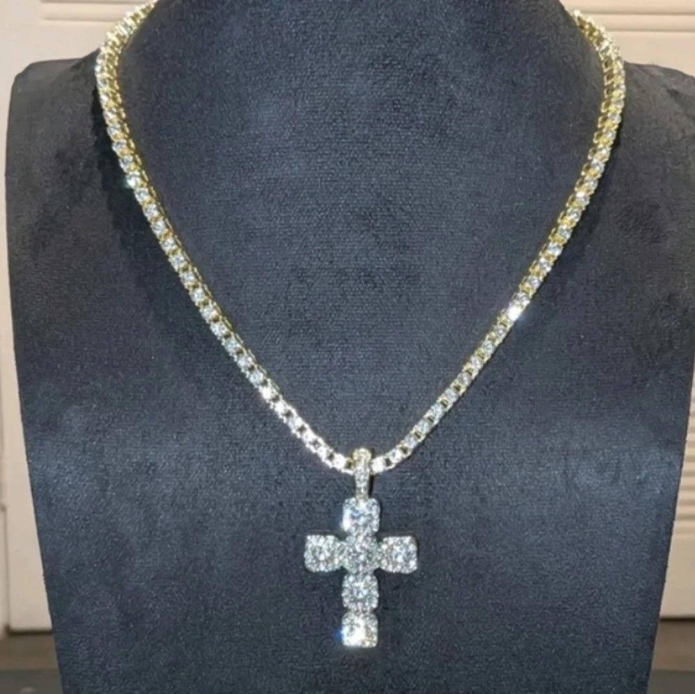 14k Yellow Gold Plated Lab Created Diamond Cross Pendant Tennis Necklace